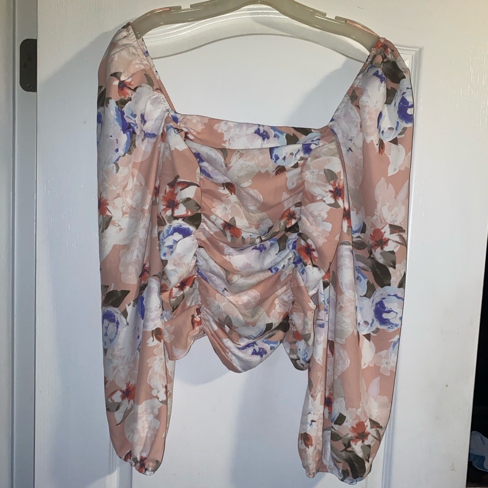 Express Floral Print Ruched Puff Sleeve Square Neck Off Shoulder Top Large - Picture 9 of 12